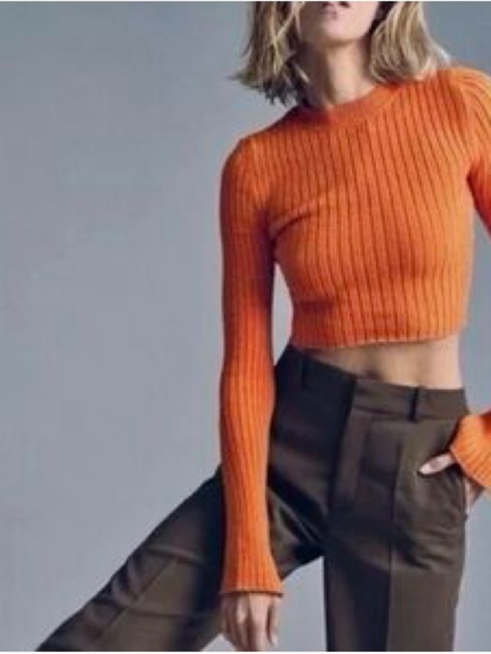 Zara Orange Ribbed Crewneck Cropped Sweater